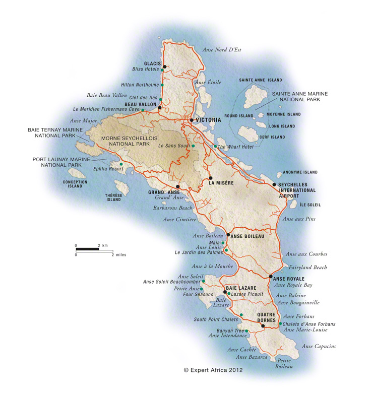 Mahe Island map showing beaches, roads and beach lodges Seychelles