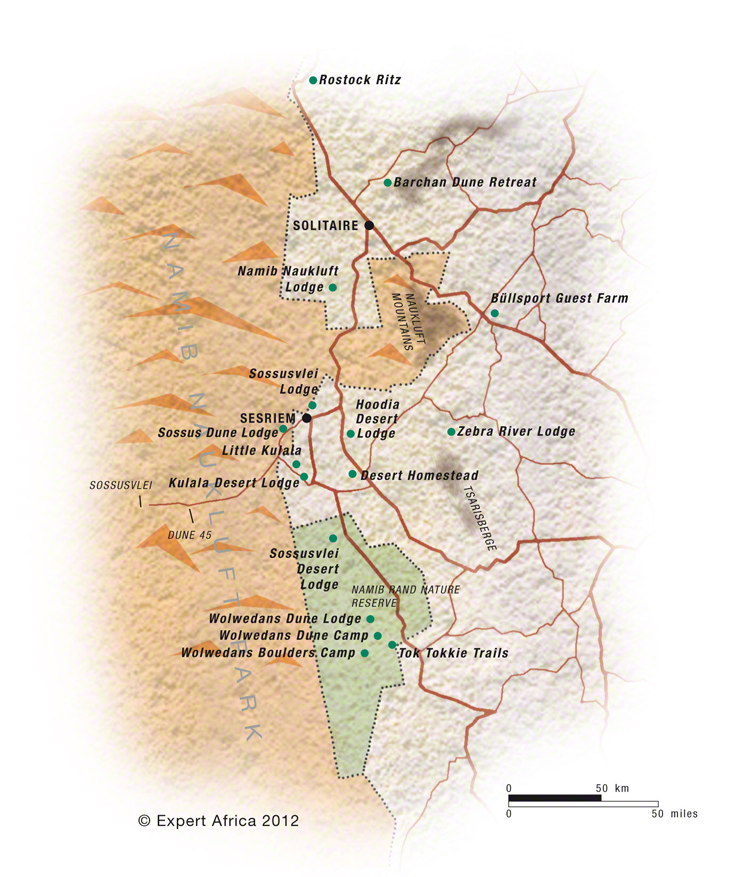 Namib-Naukluft National Park map – with the dunes and mountains.