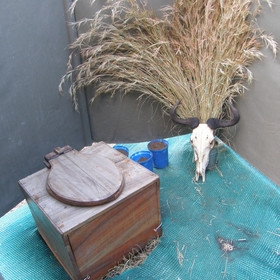 The functional toilet is improved with interesting decor.