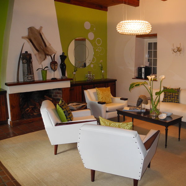 ...with a fire place and African artifacts.