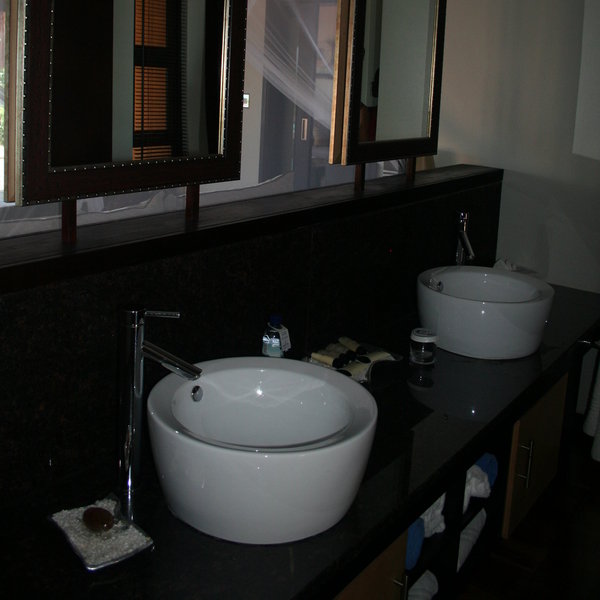 The bathroom is modern and luxurious...