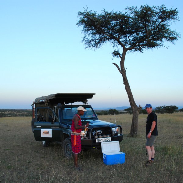 …and usually incorporates a sundowner into the late game drive, with an after-dark return to camp.