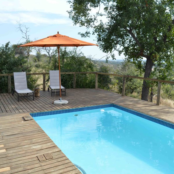 The decent sized swimming pool is situated on a deck and surrounded by sunloungers ...