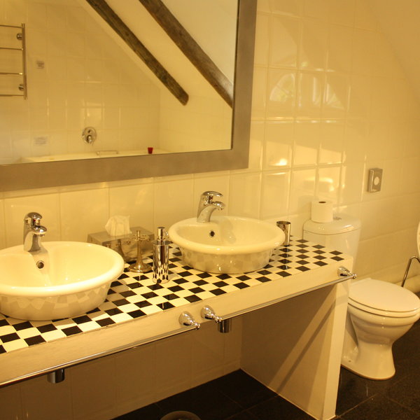 Its bathroom is very modern and bright.