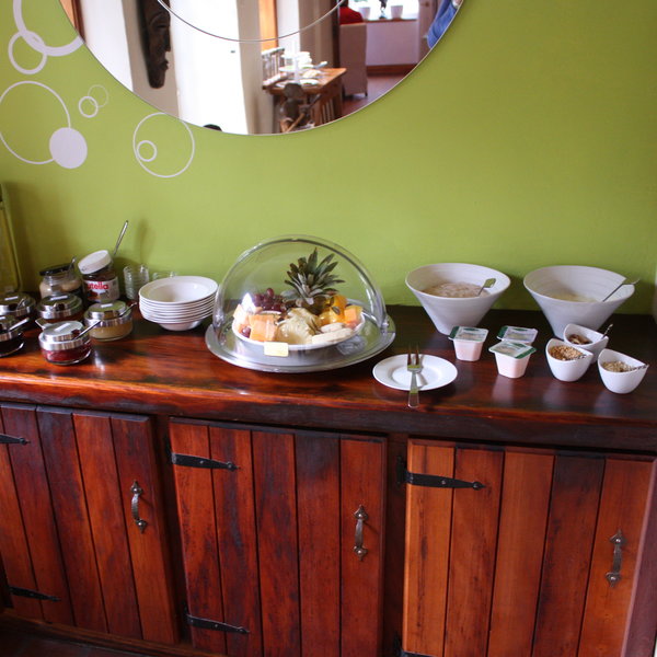 A breakfast buffet is on display in the lounge...