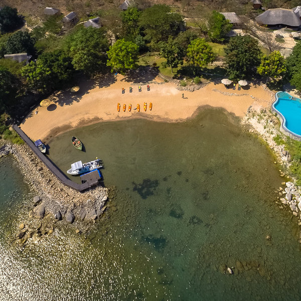 Arial view of Blue Zebra Beach Lodge in the heart of Lake Malawi,
