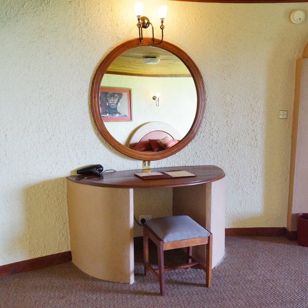 …a desk with a large mirror,…