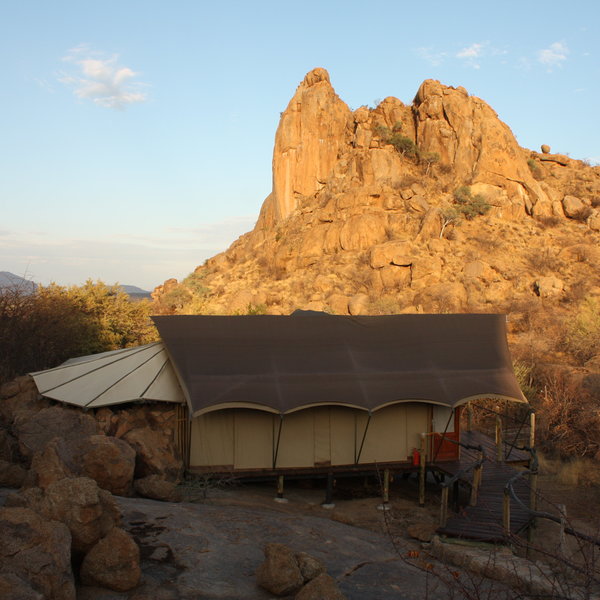 The tented chalets are dotted amongst rocky boulders.