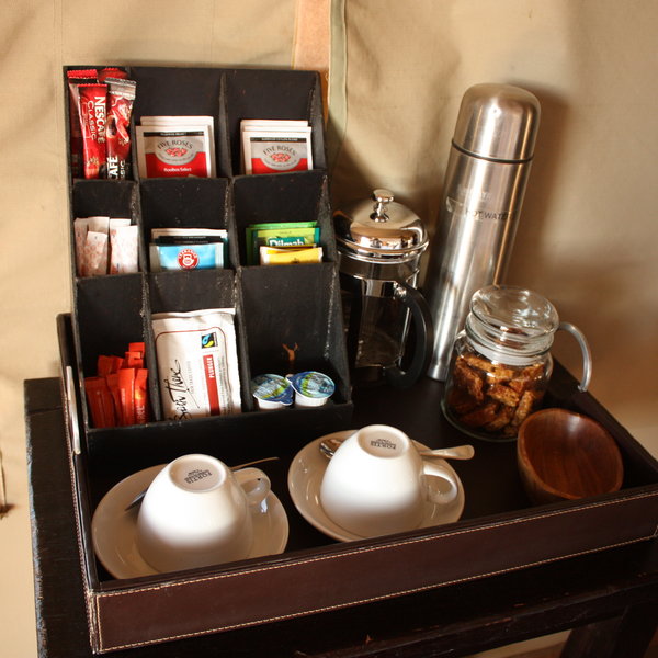 Tea and coffee are provided in your tent along with hot water.