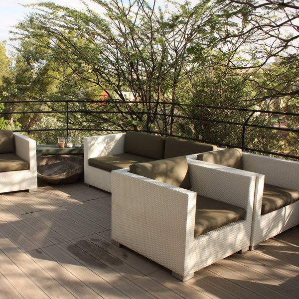 The patio also has comfortable seating where you can enjoy a drink while watching the sunset.