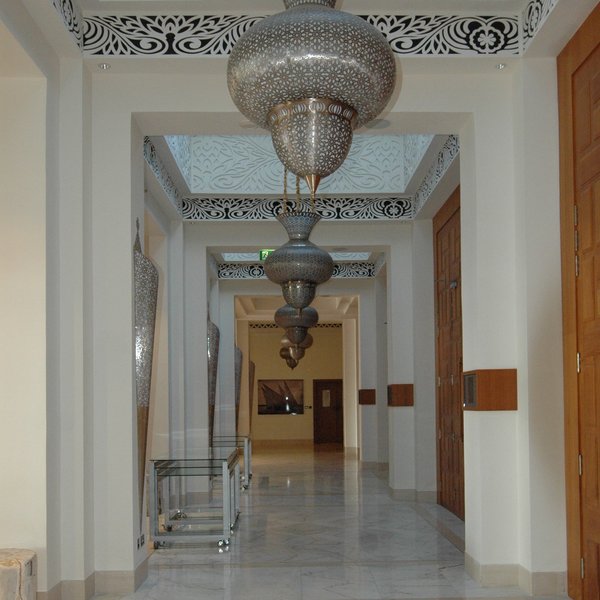 ... and the hotel is filled with marble floors and statement light shades.
