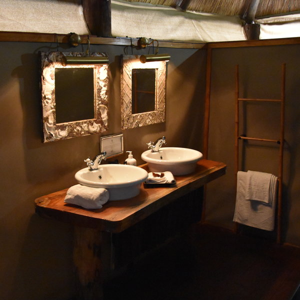 ...with his and hers sinks, a shower, and hairdryer and a flush toilet behind a partition.