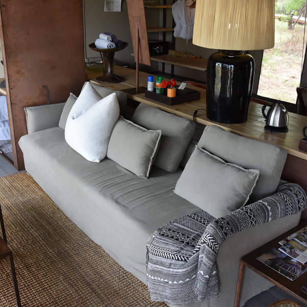 A small lounge area looks out on to the pans...
