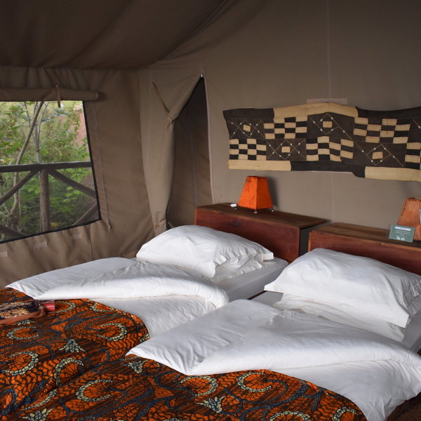 They're simple yet comfortable inside with printed canvas hanging behind the beds...