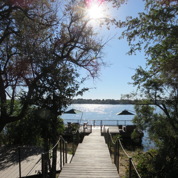 Split-level decks lead down to the Zambezi...