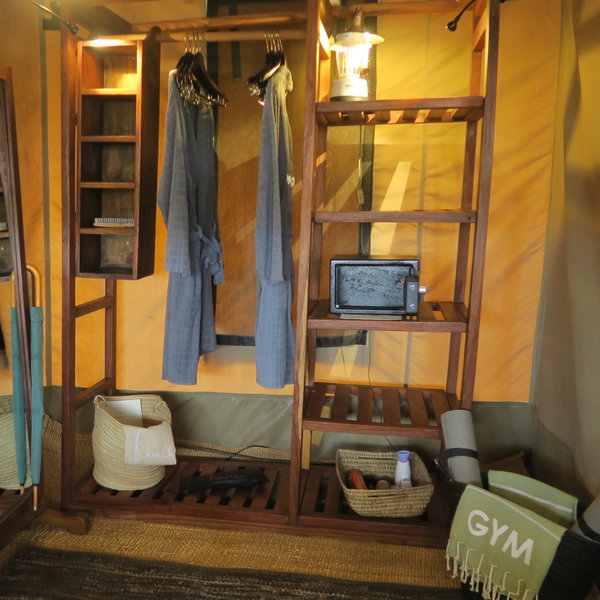 Each tent has an electronic safe, umbrellas, robes, slippers and a 'gym in a bag'.