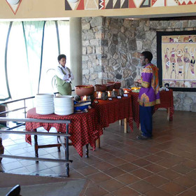 The lodge's serves international cuisine, often buffet-style, cooked from local ingredients.